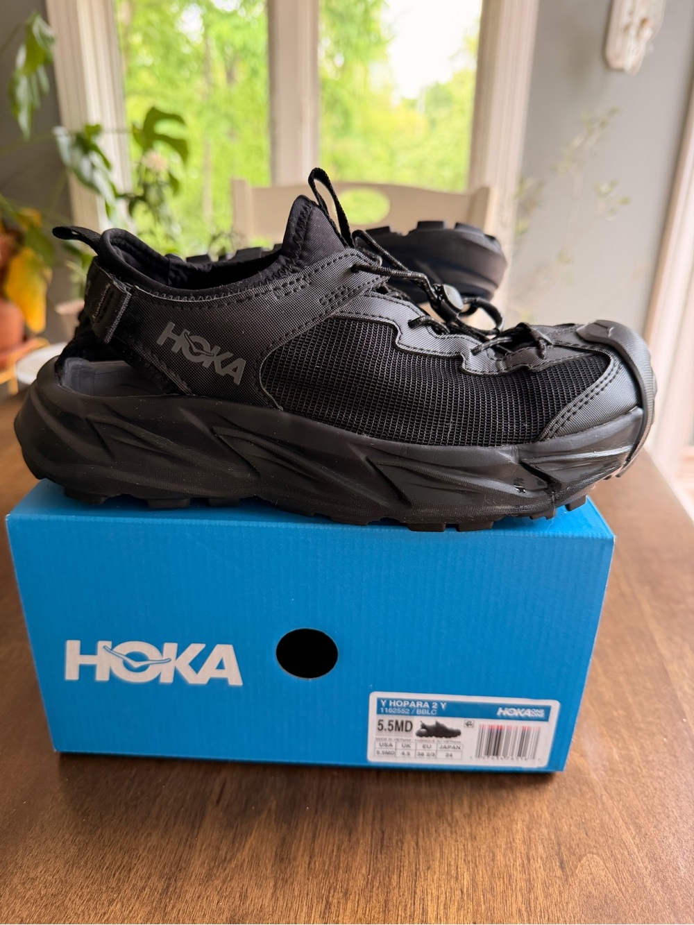 Youth Hoka Hopara 2 Kids Black Trail Sneaker Water Shoes with Cushioned Midsole